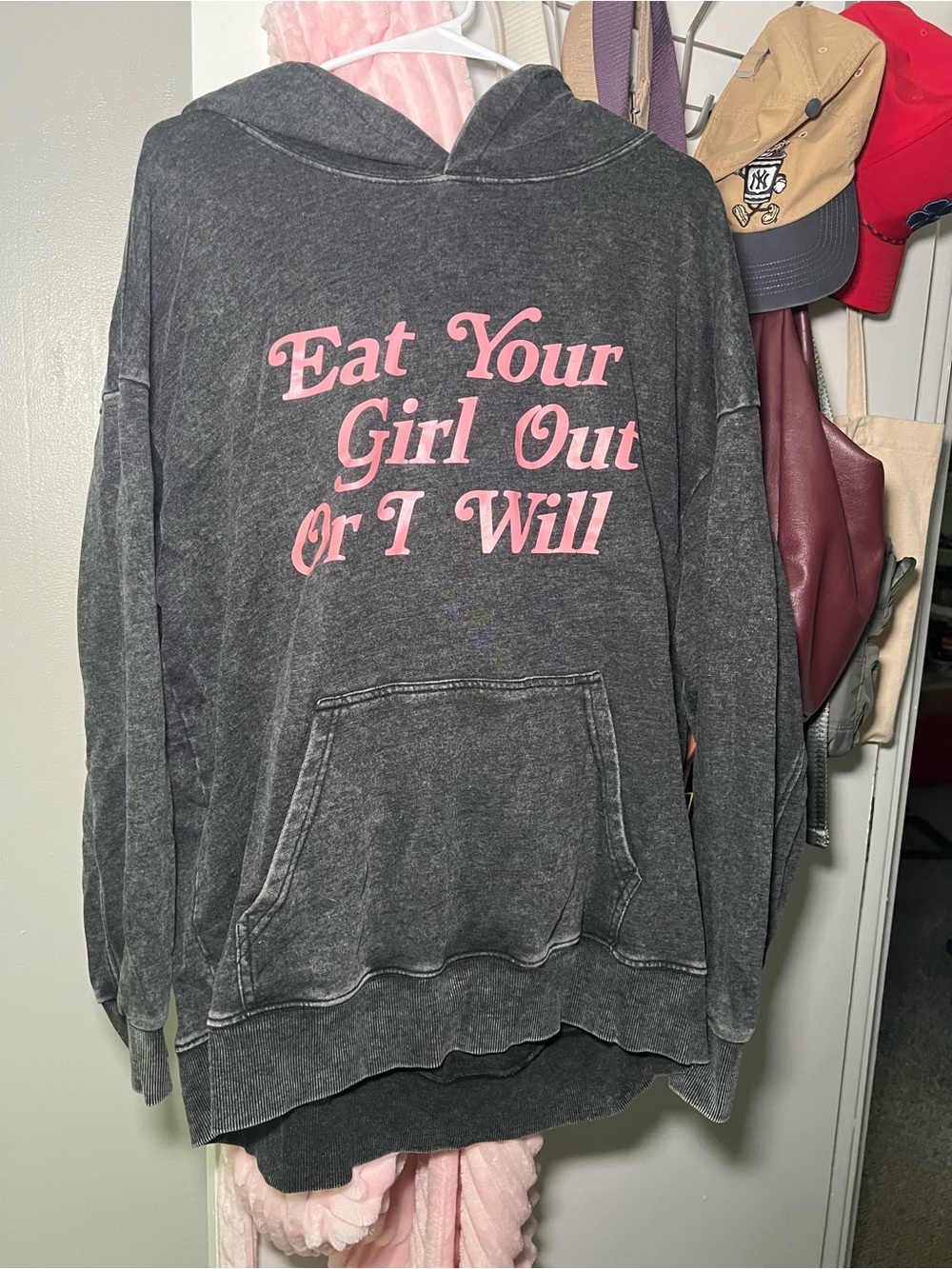 Charcoal Graphic Hoodie with Pink Lettering
